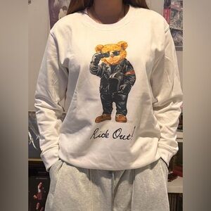 White Graphic Sweatshirt with Bear Design